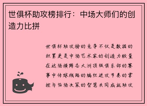 世俱杯助攻榜排行：中场大师们的创造力比拼